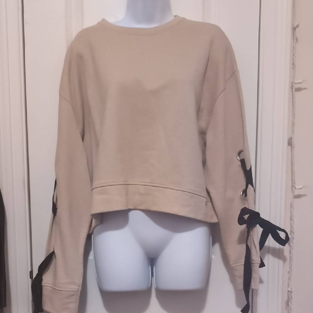 Zara Beige Sweater with Black Ribbon Accents